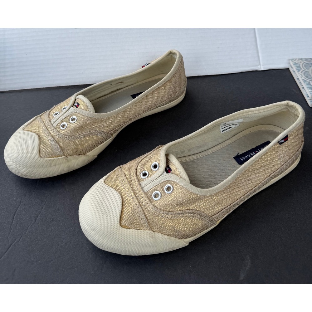 Tommy Hilfiger Astra Canvas Ballet‎ Flat Gold Cream Shimmer Slip On Sneaker Sz 7